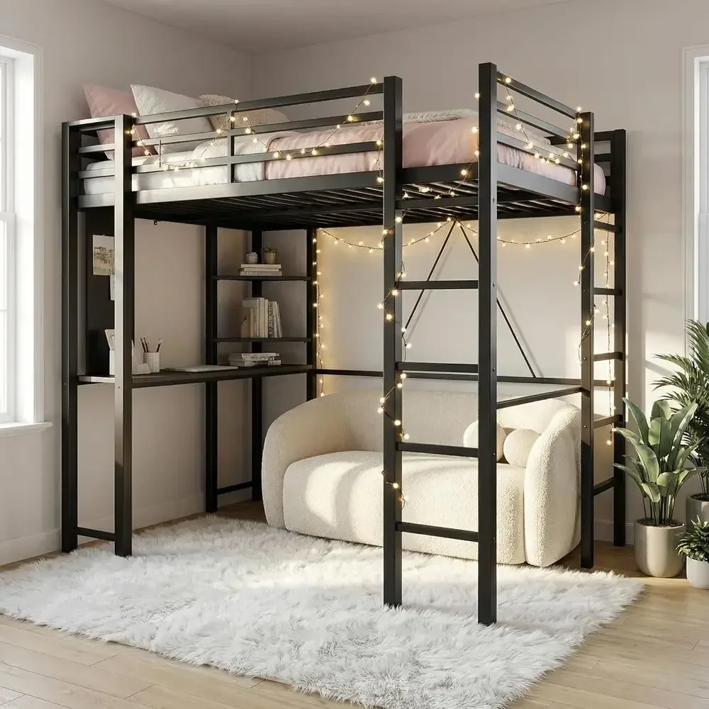 Full Size Metal Loft Bed with Desk, 2 Ladders, Safety Guard, Noise-Free for Small Bedrooms, Black