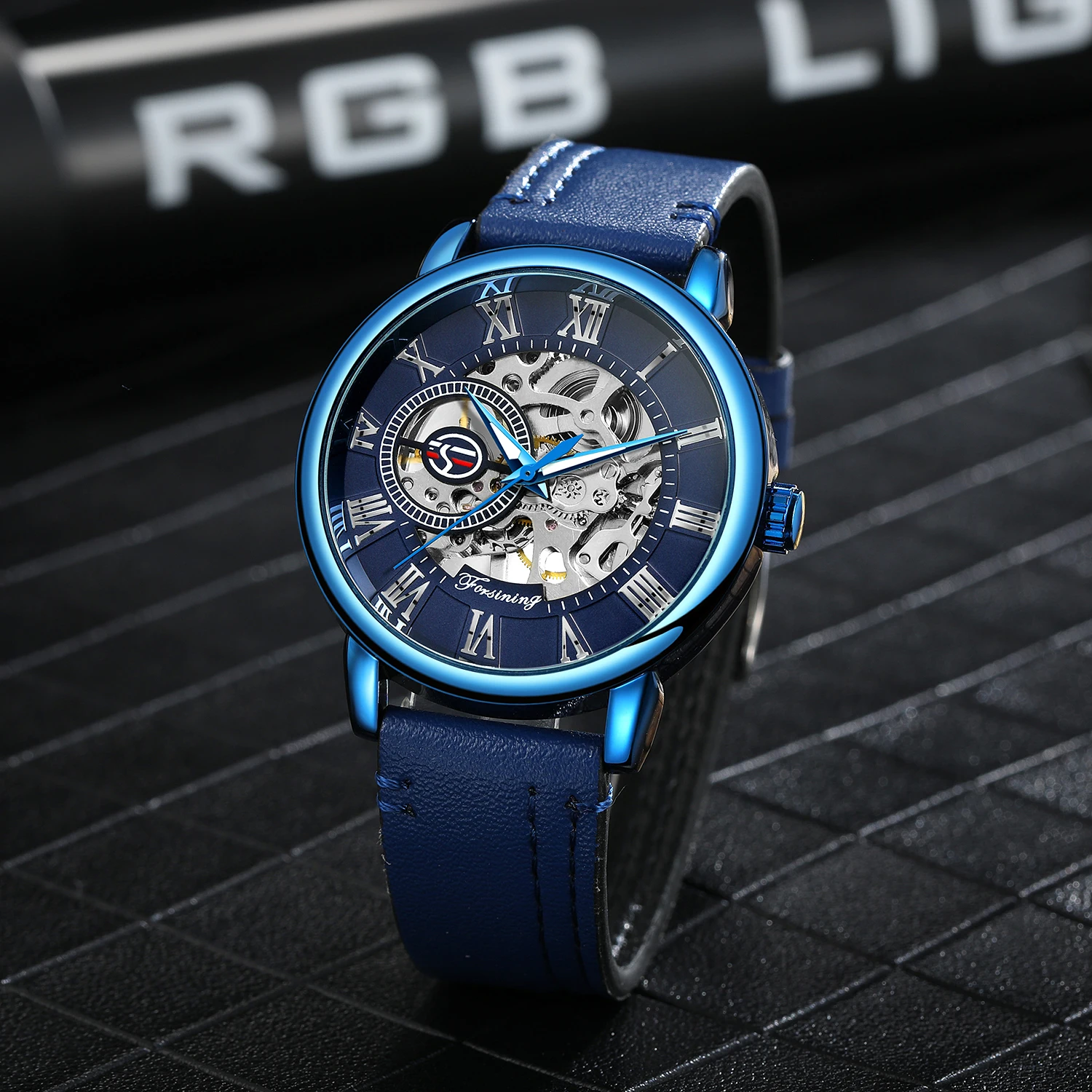 Forsining Transparent Luxury Skeleton Mechanical Watches Casual Leather Strap Blue Watch for Men Luminous Hands reloj hombre