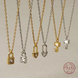 Real 925 Sterling Silver Sweet Romantic Heart Zircon Key Pendant Short Necklace For Women Wedding Party Jewelry