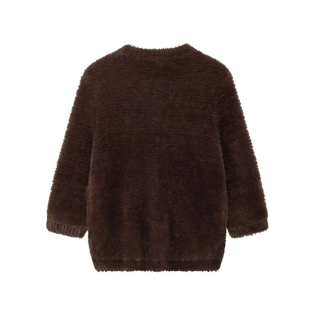 LIBIELIY automne et hiver nouveaux vêtements décontractés pour femmes Simple et à la mode effet fourrure artificielle col rond veste tricotée