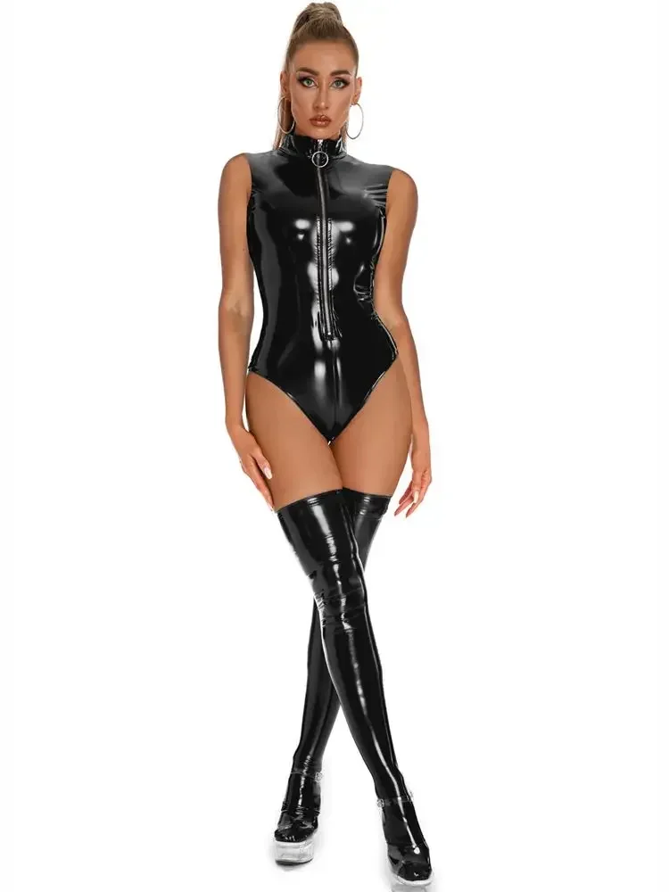 ملابس سباحة PVC بدون أكمام ذات مظهر رطب لامعة من جلد البولي يوريثان وسحّاب ملابس ضيقة كوسبلاي Sukumizu بيكيني ملابس علوية مثيرة للنوادي الدمى