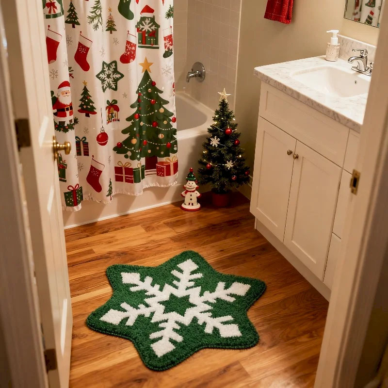 VIKAMA Green Snowflake Shaped Christmas Floor Mat,Comfortable,Non Slip,Absorbent Soft Carpet,Bedroom,Indoor Home Decoration