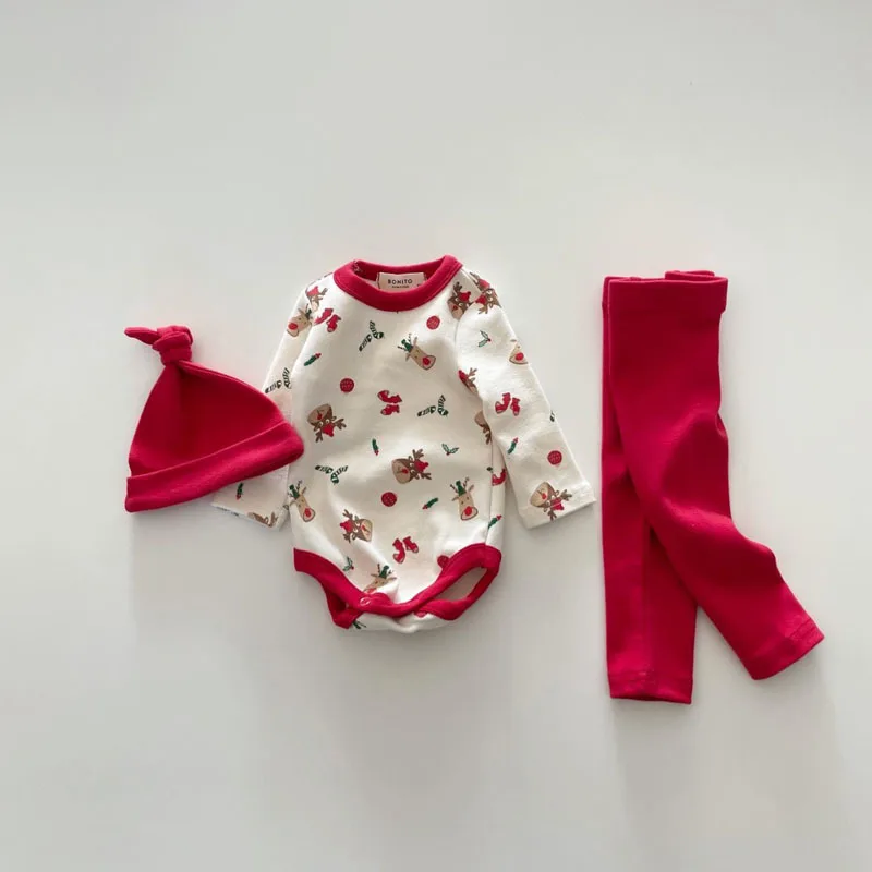 New Year Christmas Baby Bodysuit Deer Print Cotton Infant Romper Winter Warm Creeper Outfit Baby Three Piece Home Suit 0-2Y