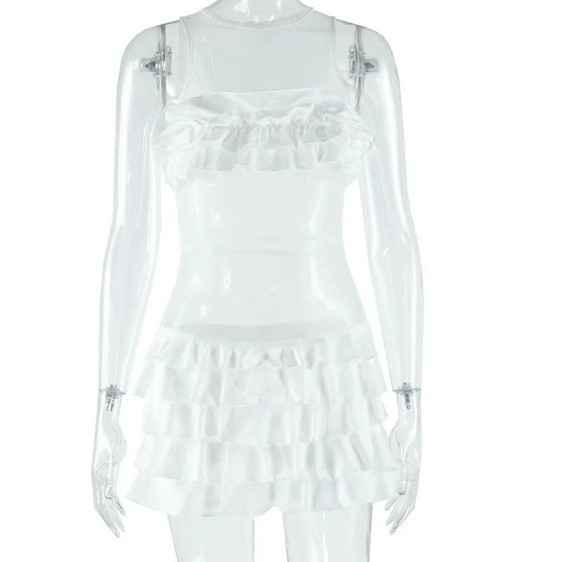 Mini abito da torta solido con volant a cascata patchwork in rete trasparente Moda donna Sexy O-collo senza maniche aderente Festa di compleanno Clubwear