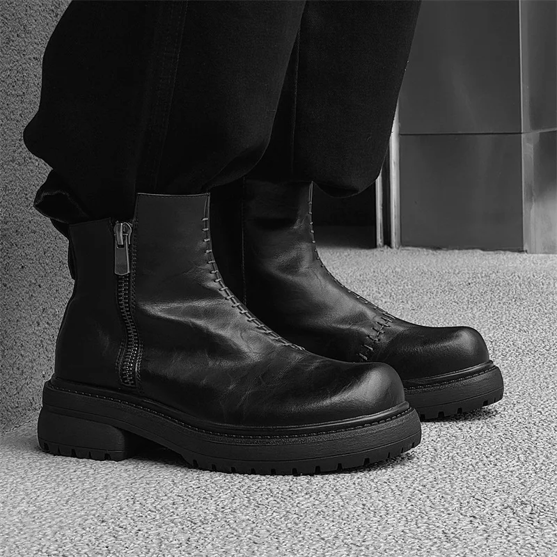 

мужские модные ботинки челси в стиле панк-рок, черные туфли из натуральной кожи, ковбойские ботинки на платформе с большим носком, брендовые дизайнерские крутые мужские ботильоны