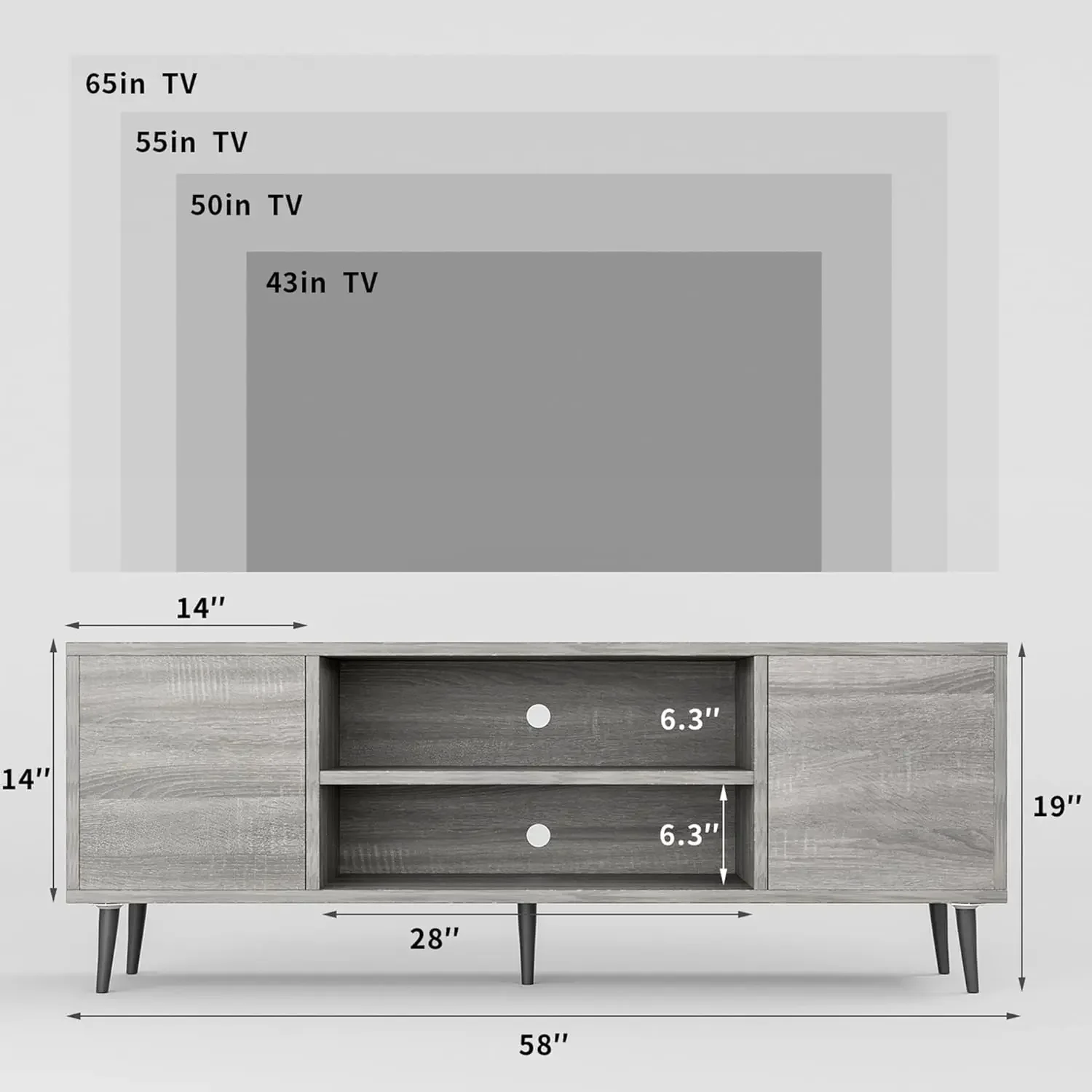 TV-standaard voor 65-inch tv, modern entertainmentcentrum met opbergkast en open planken, tv-consoletafel mediakast