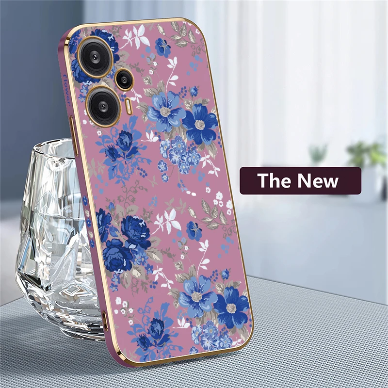 Flower Print Phone Case For Xiaomi Poco F6 Pro F 6 F5 F3 C40 C31 Silicone Shockproof Plating Lens Protection Soft TPU Cover