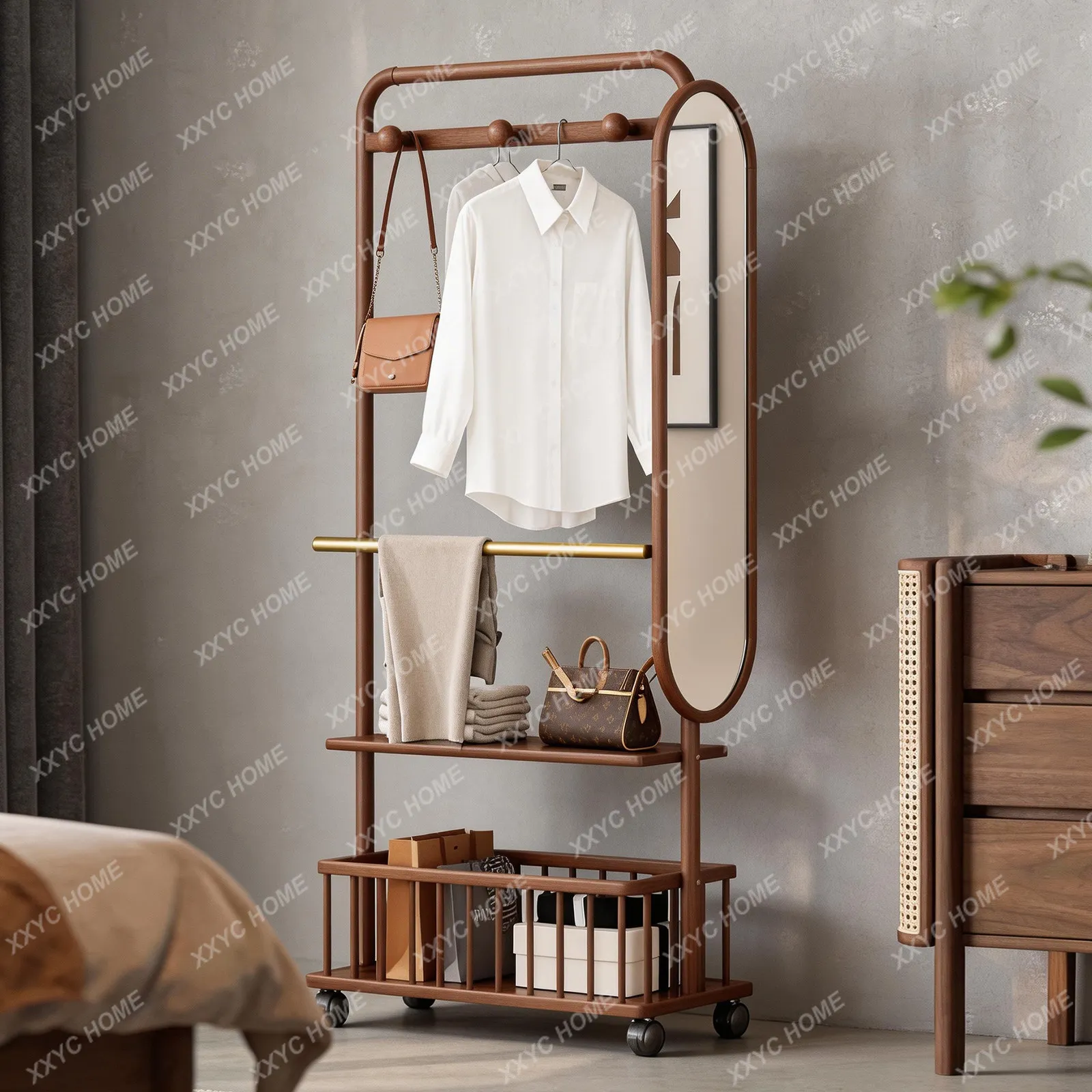 Ash wood coat rack multifunctional full-length mirror storage box solid wood integrated movable hanger