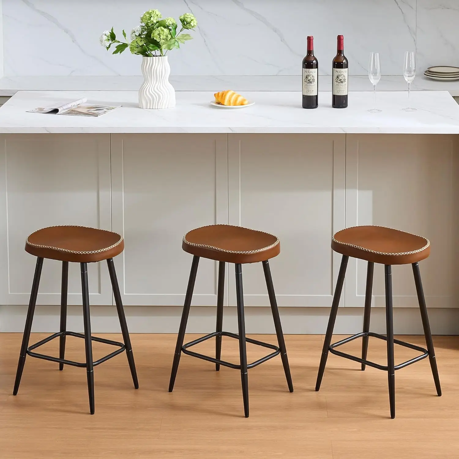 

Counter Stools Set of 3, Modern 24 inch Counter Height Stools, Brown Faux Leather Backless Barstools for Kitchen Island