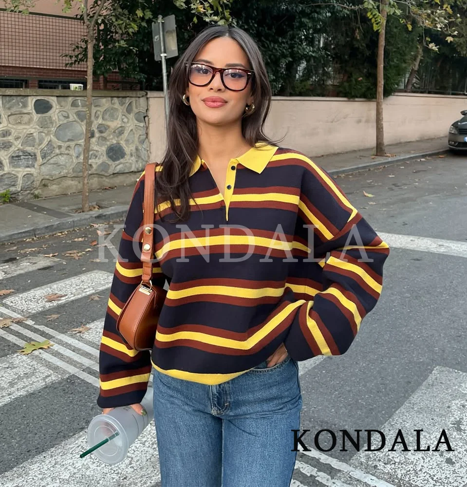 KONDALA High Street Gestreiften Pullover Frauen Polo Kragen Gestrickte Tops 2026 Frühling Mode Elegante Vintage Weibliche Urlaub Pullover