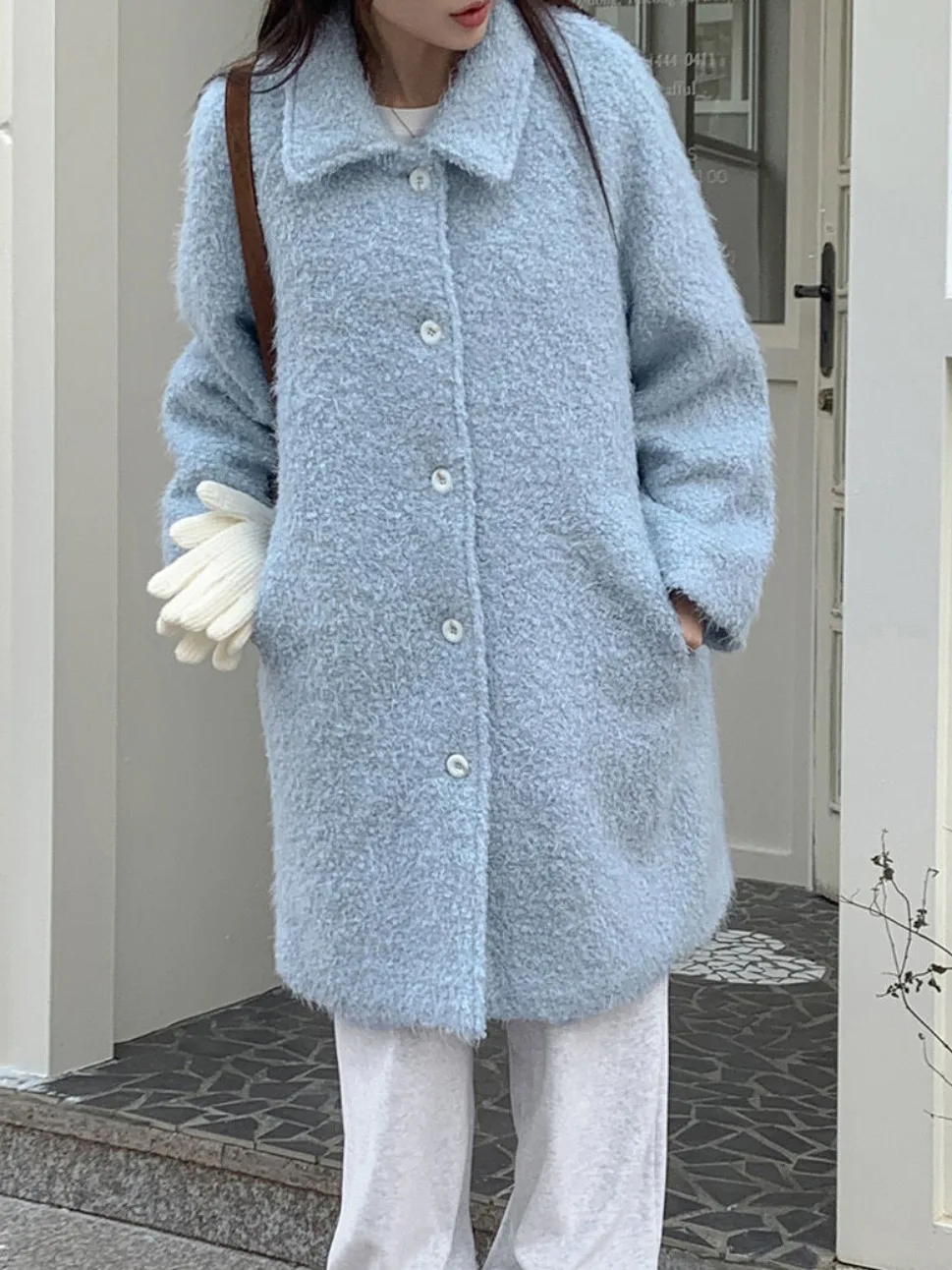 Abrigo elegante largo suave y esponjoso azul bebé para mujer, abrigo reductor de edad, Adorable abrigo coreano Sle para primavera, Otoño e Invierno