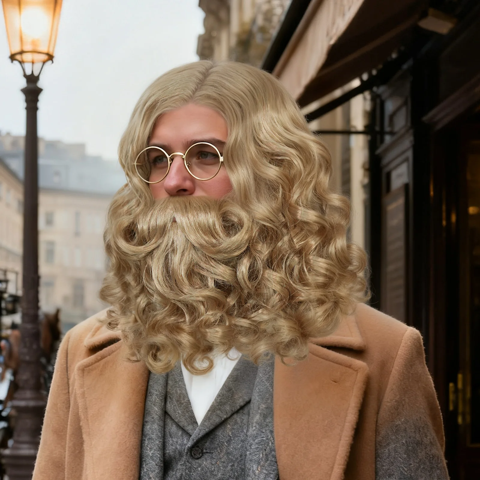 Syntetyczna peruka blond brązowa kręcona z brodą, idealna do cosplayu, peruka na Halloween dla mężczyzn, idealna dla Świętego Mikołaja, czarodzieja.