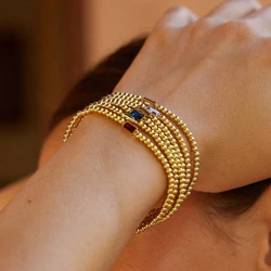 Luxury Stainless Steel Gold Plated Birthstone Bracelet For Women Pink Red Cubic Zirconia Chunky Beads Chain Bracelets Bangles