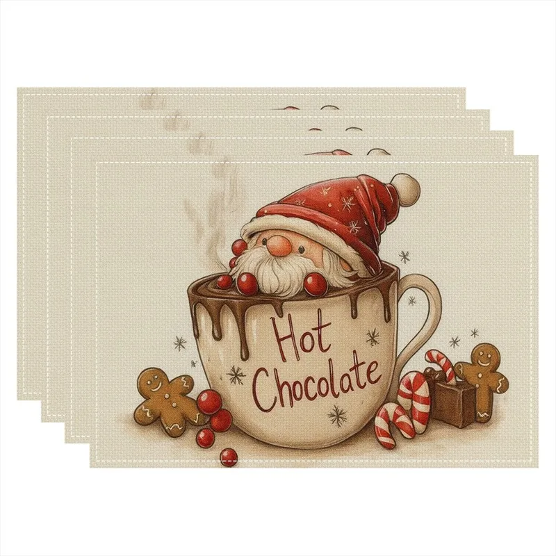 VIKAMA Linen Placemats Hot Chocolate Gnome Candy Cane, Cream Red, Stain Resistant Easy to Clean, Dining Table Kitchen