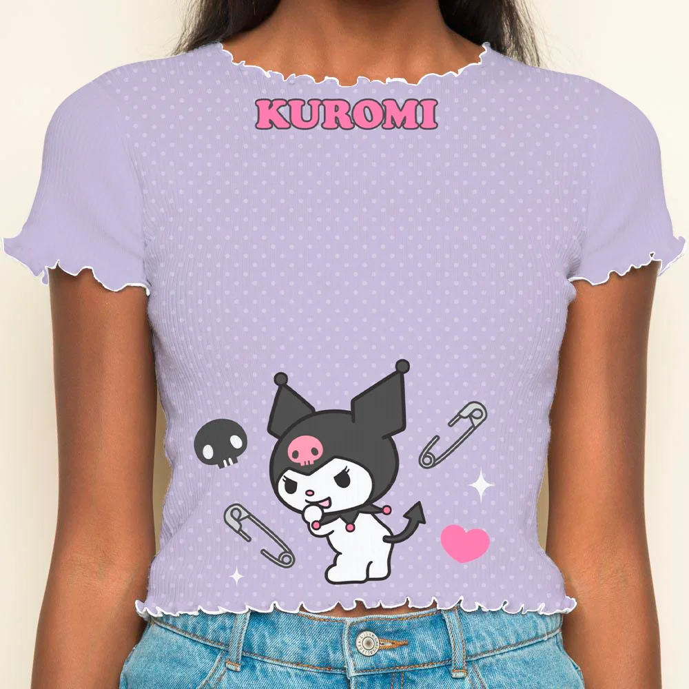 Anime Kpop Kuromi Y2k Lettuce Trim Woman Clothing Crop Top Kawaii T-shirt Short Sleeve Tops Sexys Summer Clothes Women 2024 Tees