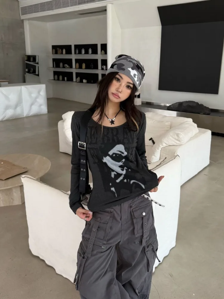 Autumn New Character Printed White T-shirt Women Y2k Aesthetic Slim Fit Base Crop Top Harajuku Vintage Spicy Girl Tees