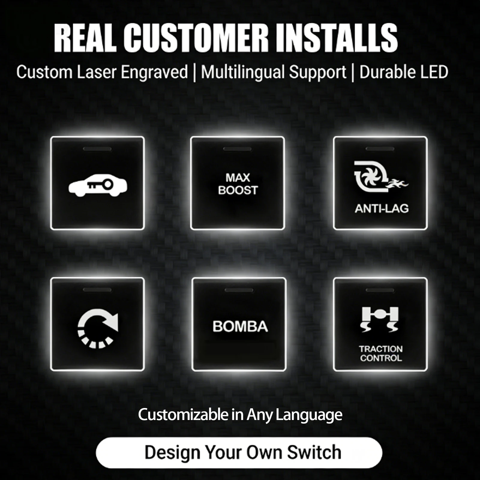 Customizable Car Push Button Switch 22x22mm LED Backlit 12V 3A ON-OFF/Momentary for Toyota Camry Hiace Corolla Prado RAV4