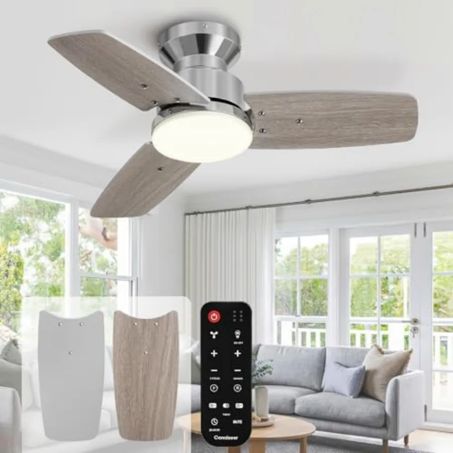 42 Inch Ceiling Fans with Lights and Remote, Bedroom Living Room Office, Flush Mount, 6CCT Dimmable, Dual Color 3 Blades 6 Spee