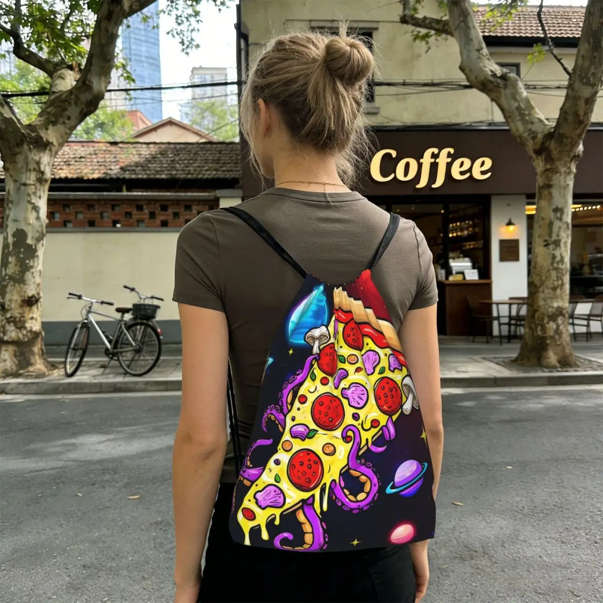 Cartoon A Pizza Slice In Space Backpacks Casual Drawstring Bags Sports Bag Book Bags for Man Woman School