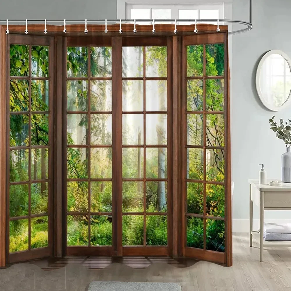 Forest Shower Curtains Sunshine Green Trees Plants Brown Window Nature Landscape Polyester Bathroom Curtain Set Decor with Hooks