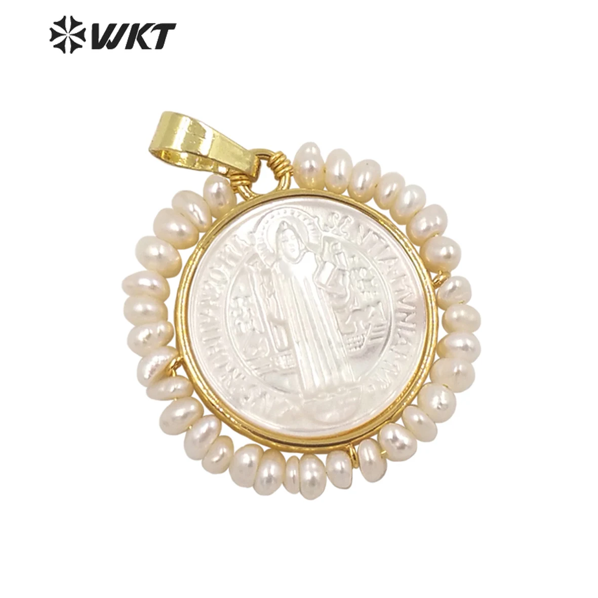 WT-JP257 Amazing Gold Electroplated Handmade Wrapped Real Pearl Christian Cross Shell Pendants Religious Jewelry