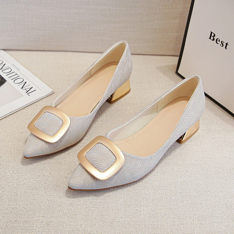 

Womens Light Blue Glitter Pointed Toe Block Heel Pumps With Gold Square Buckle Detail Metallic Heel Elegant Dress Shoes Ladies