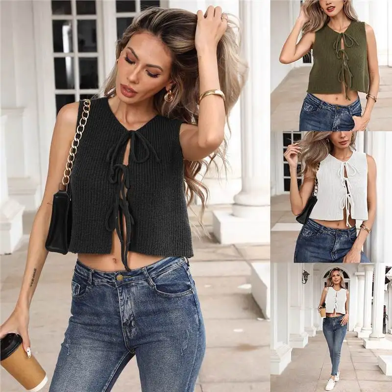 

Женский свитер, жилет, повседневная женская одежда, модный короткий топ с галстуком и бантом, однотонный вязаный жилет с галстуком