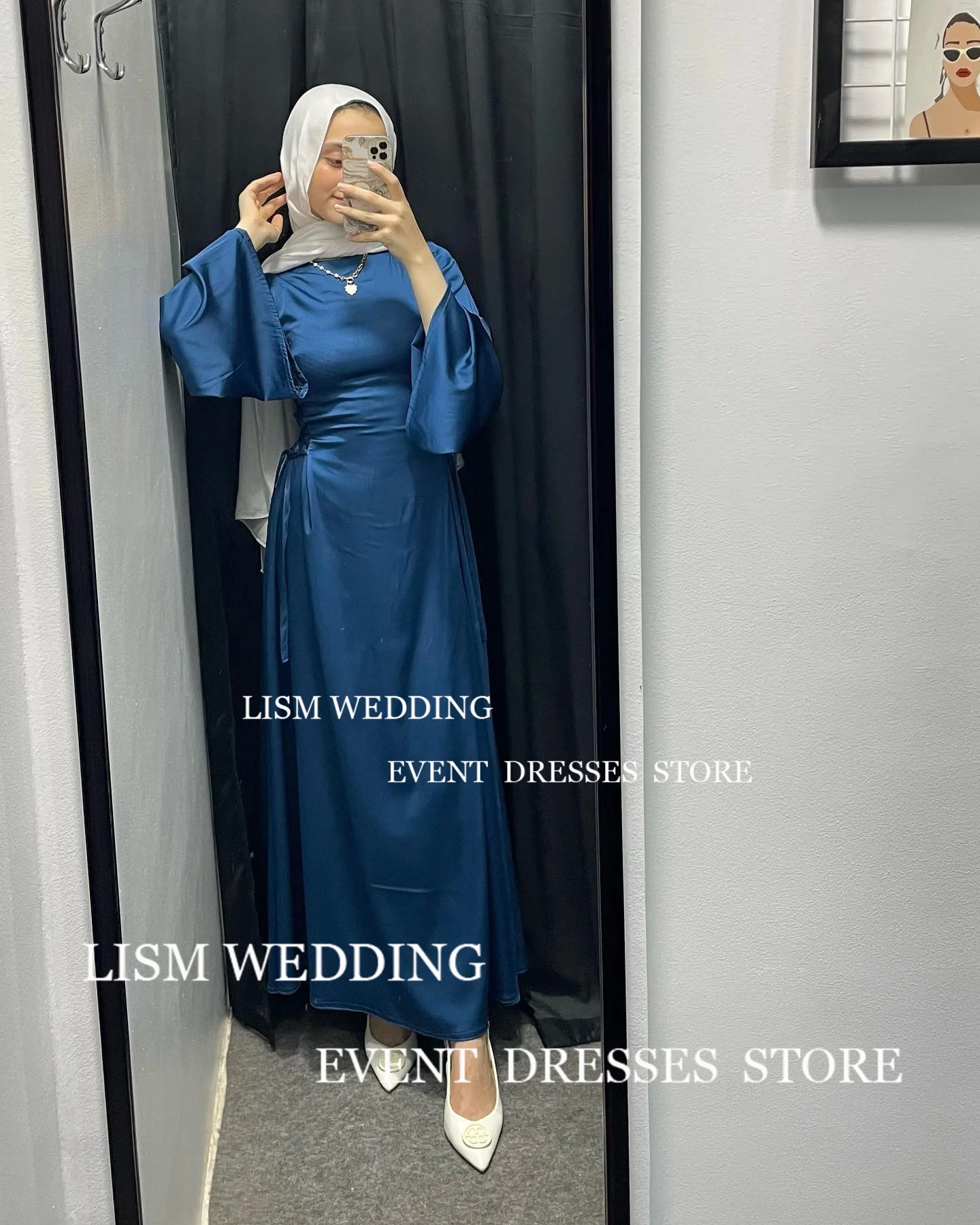 

LISM Graceful O-Neck Muslim Evening Dresses With Hijab Arabric Dubai Silk A-LINE Long sleeve For Women Prom Gowns