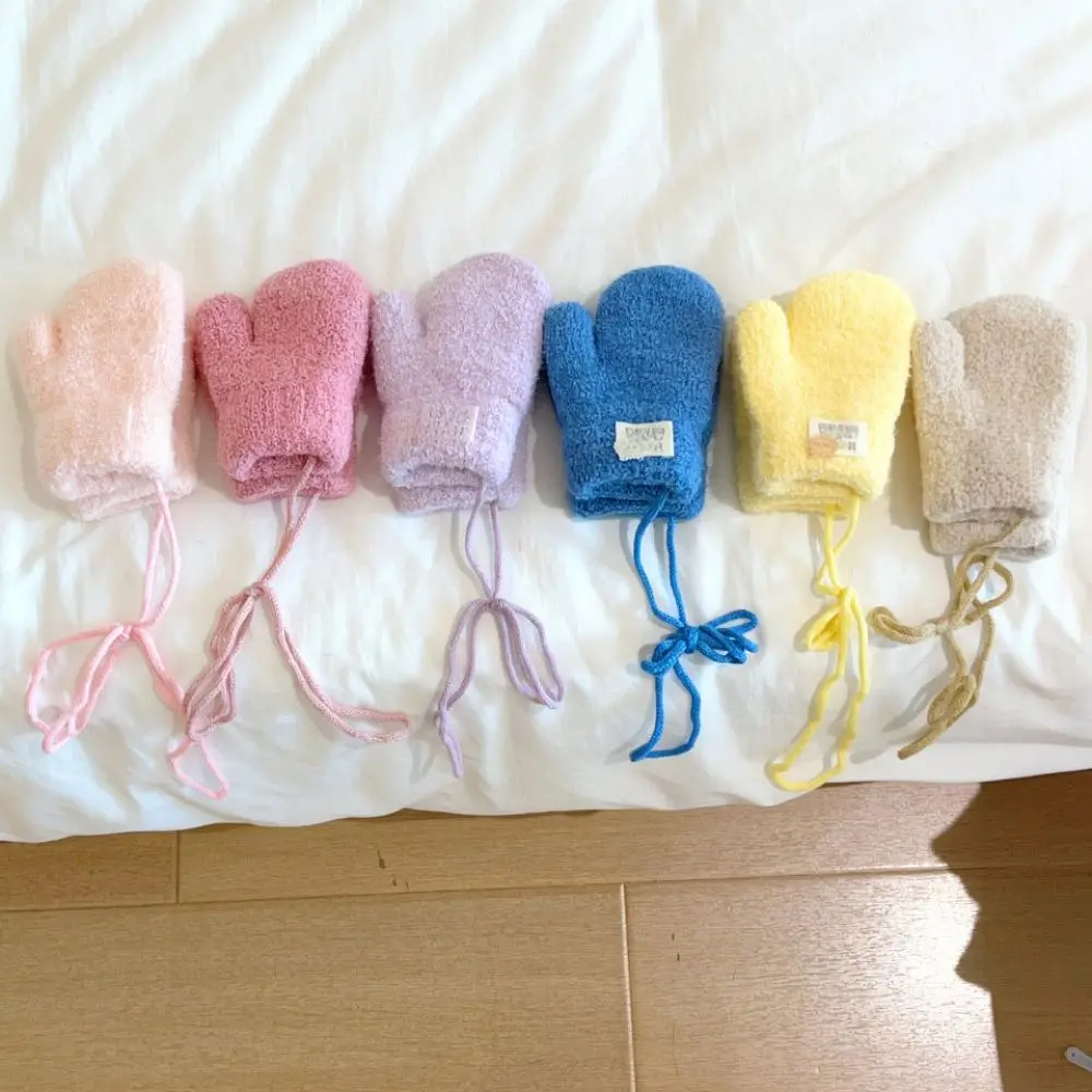 Warm Winter Toddler Mittens Thickened Fleece Gloves For Infants Hanging String Design Soft Knitted Thermal Hand Cover Cute Style