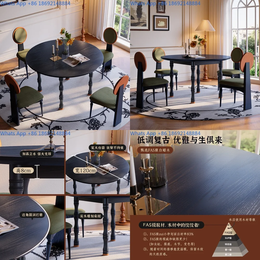 

Round Black Solid Wood Dining Table Set Retro French Style Walnut Finish for Small Spaces