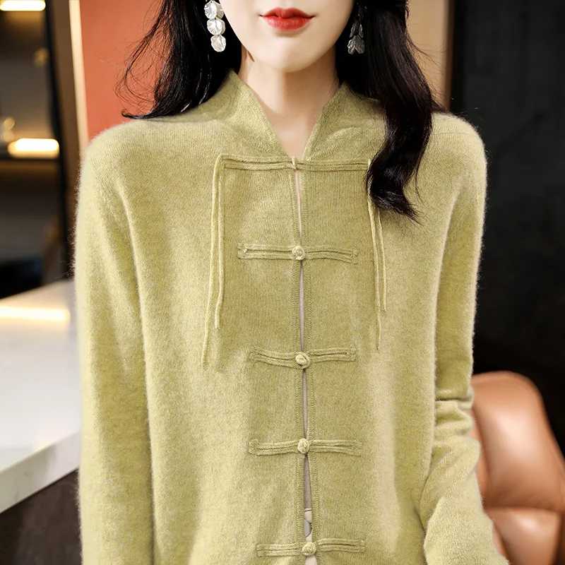 Women\'s Sweater Spring Autumn New 100% Wool Clothing Top Standing Collar Knitted Cardigan Fashion Chinese Style Coat Long Sleeve