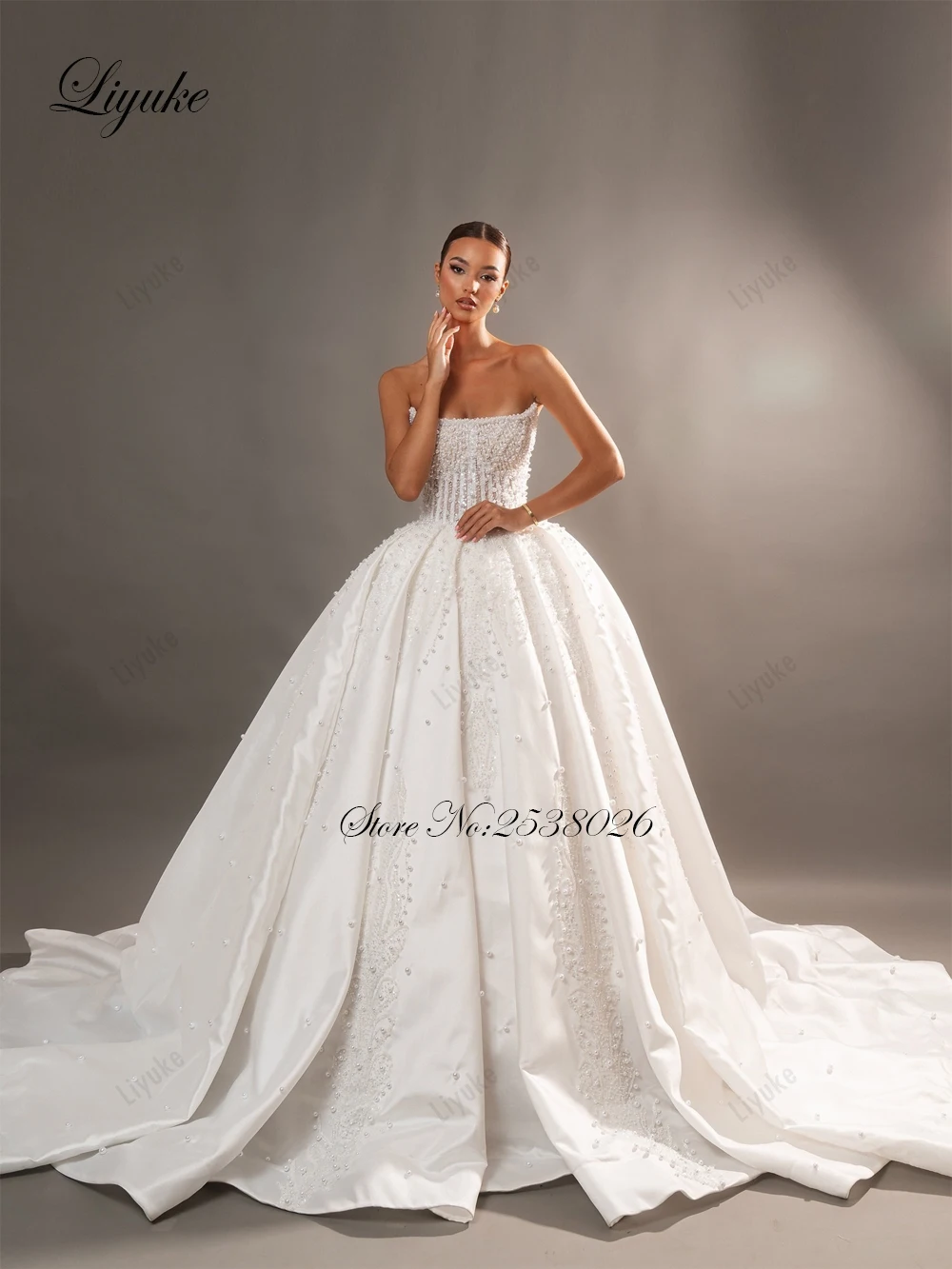 Liyuke Custom Made Luxury Full Of Beading Pearls Ball Gown Wedding Dresses Embroidery Lace Off Shoulder Sleeveless Bridal Gowns image 2
