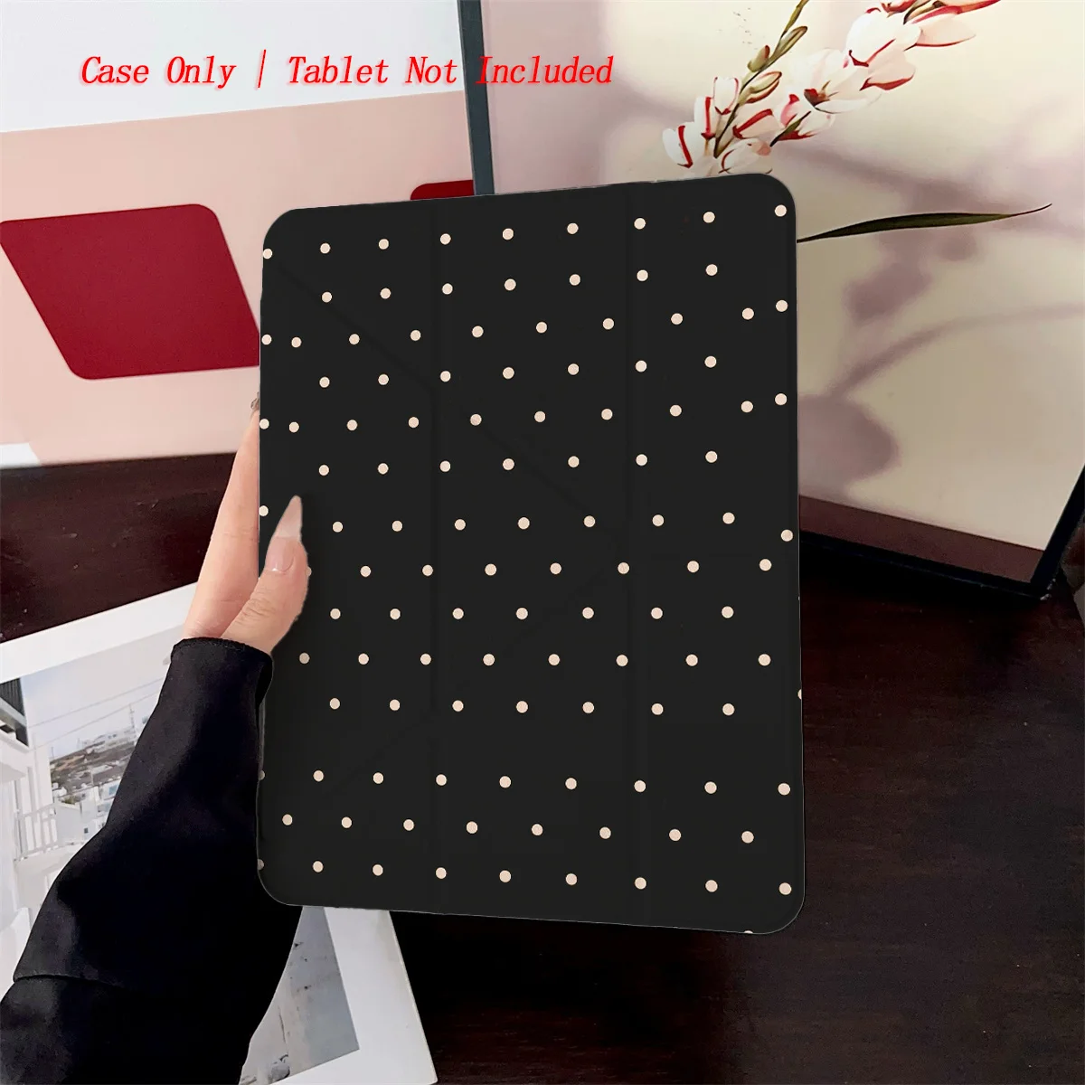 

Chic Y-Fold Acrylic Black Backdrop & White Polka Dots Print iPad Case For Apple iPad Pro/Air/Mini Slim Anti-Scratch Cover