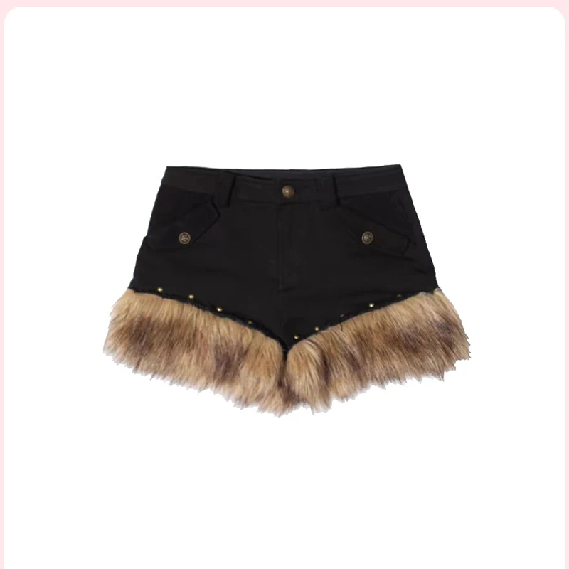 Otoño Invierno nuevo negro chica caliente empalme de felpa artesanía pesada medio pantalones de mujer Punk gótico dulce fresco pantalones cortos versátiles señoras