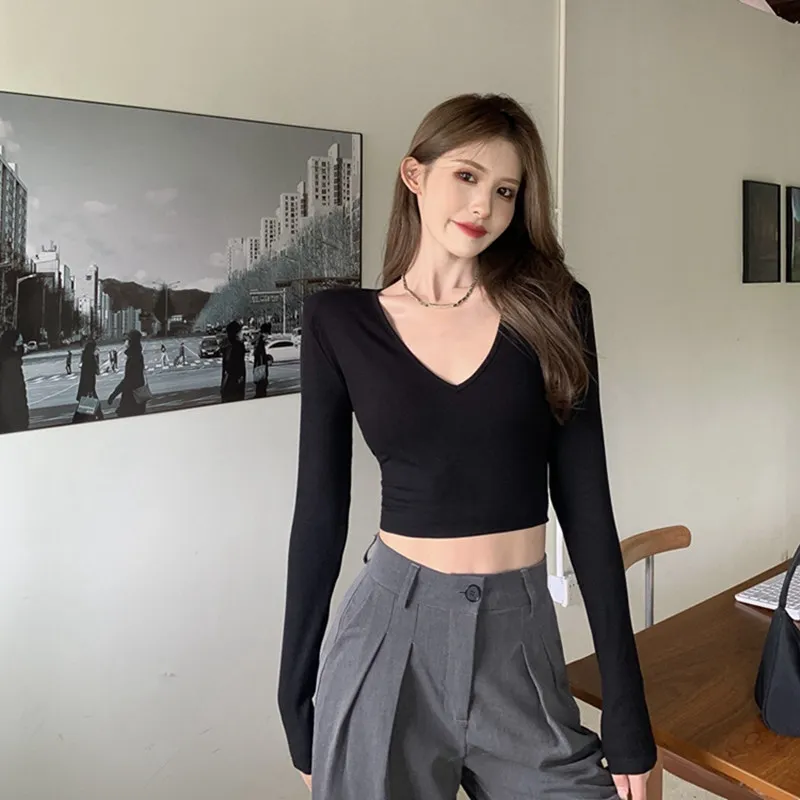 Autumn V-neck Long Sleeve Crop Tops Women Korean Fashion Sexy T-shirts Slim Y2K Kpop Tees Winter Cheap Clothes Woman Tshirts