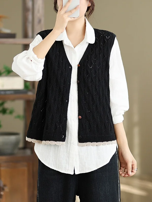 

Women's Knitted Color Blo Artistic Vest Retro Versatile Design Autumn Winter Outerwear Faionable All-Match Top