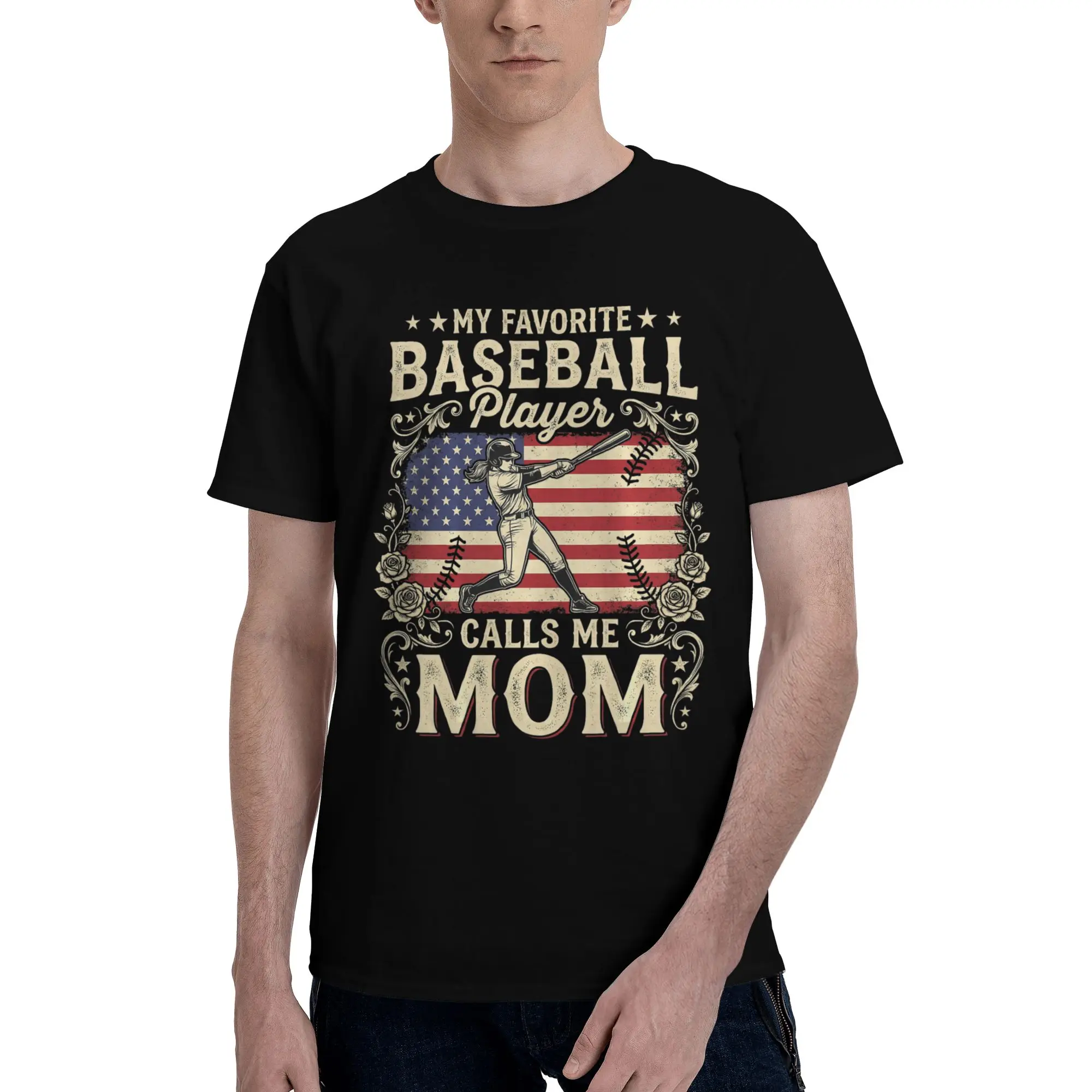 Mother Day My Favorite Baseball Player Graphic Funny 100% Cotton T-Shirt Mothers Day Tees Tops For Men