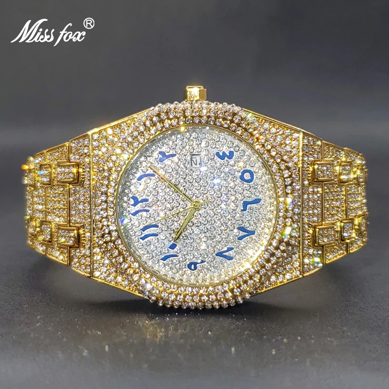 Luxury Quartz Watch For Men Gold Full Diamond Iced Out Big Man Wristwatches Calendar Waterproof Watches Gift Male Dropshipping