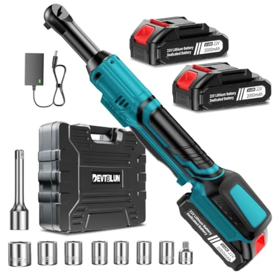 

21V Electric Ratchet Wrench Set, 60FT-LBS 80N.m Extended Cordless Ratchet Wrench with 2x 2.0Ah Battery, 3/8" 400 RPM Variable S