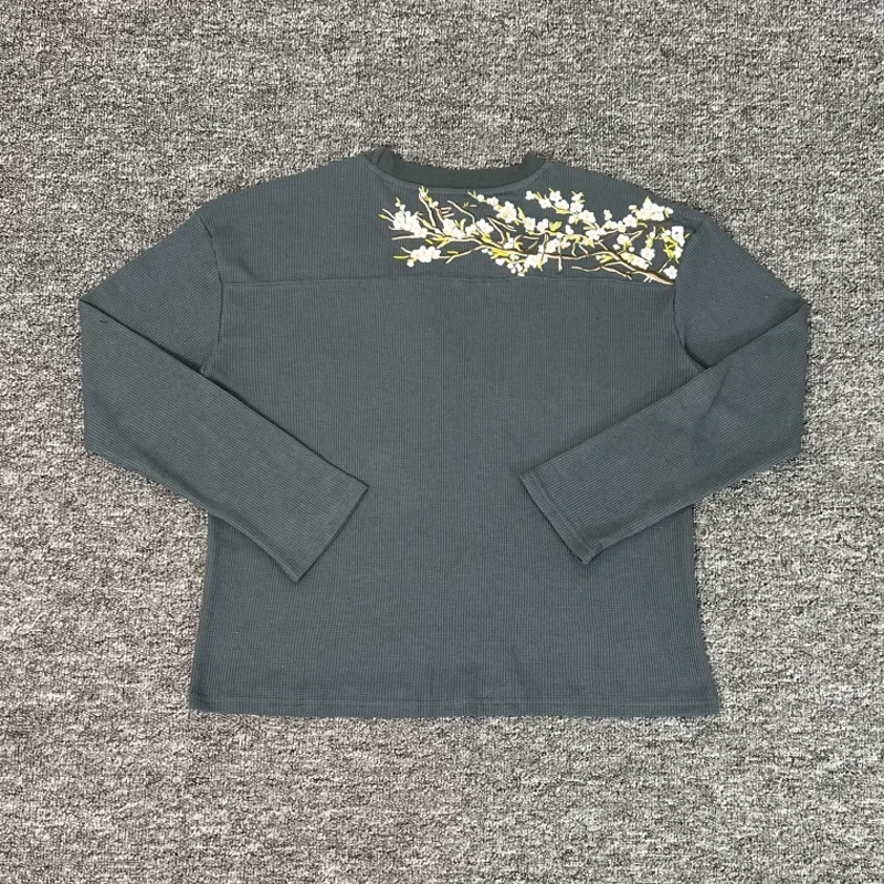 

Long Sleeve Derschutze Blossom Waffle Embroidery Sakura Pattern T Shirt Men Women Casual Breathe Loose T-shirt Gray Green Tops
