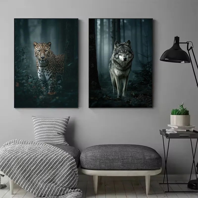 Misty Forest Wild Animals Deer Wolf Leopard Owl Panda Portrait Nordic Poster Canvas Painting Wall Art Pictures Home Decor