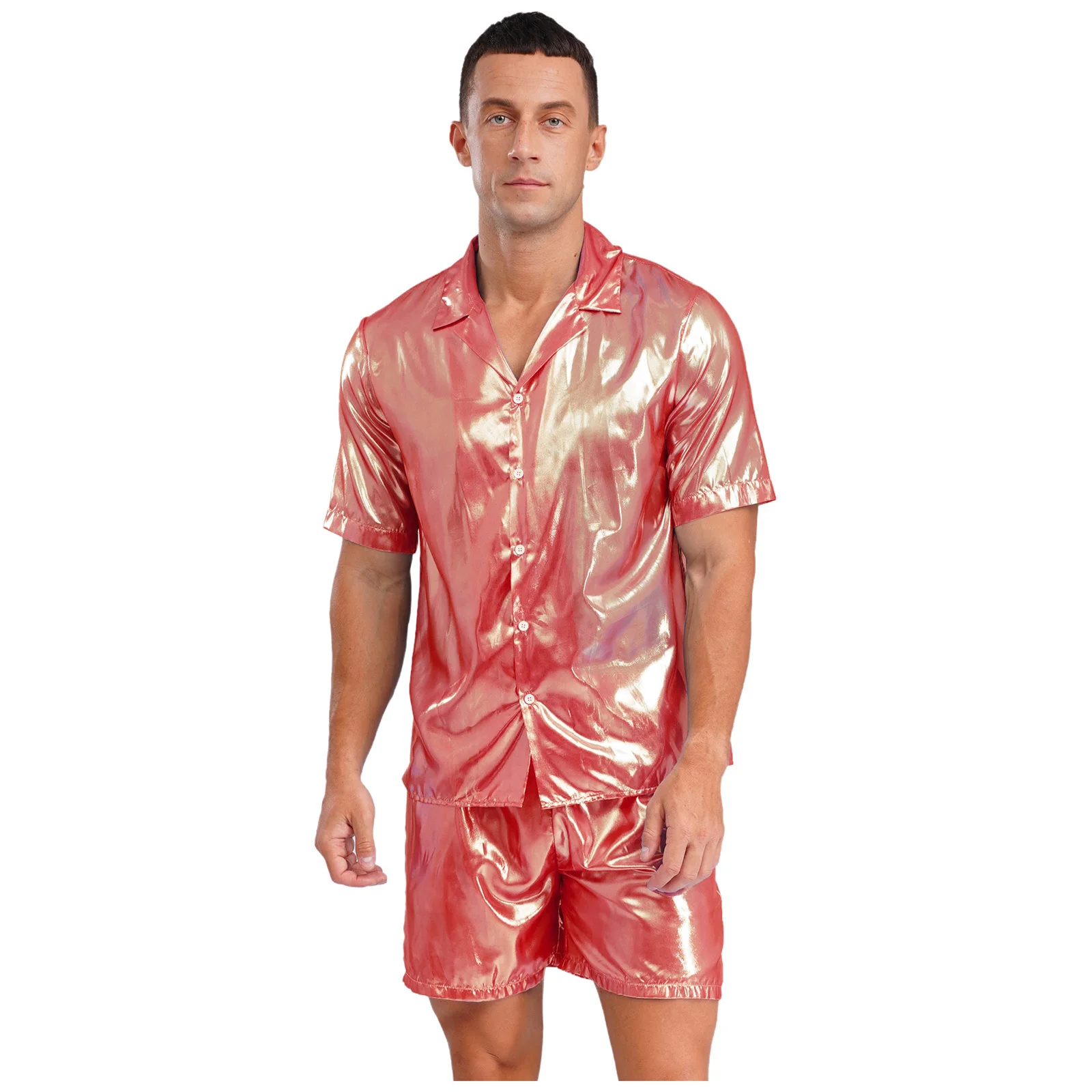 Men's Fashion Two Piece Shirt Sets Short Sleeve Shine Shirt Top And Loose Boxer Shorts for Casual Vacation Travel Beachwear