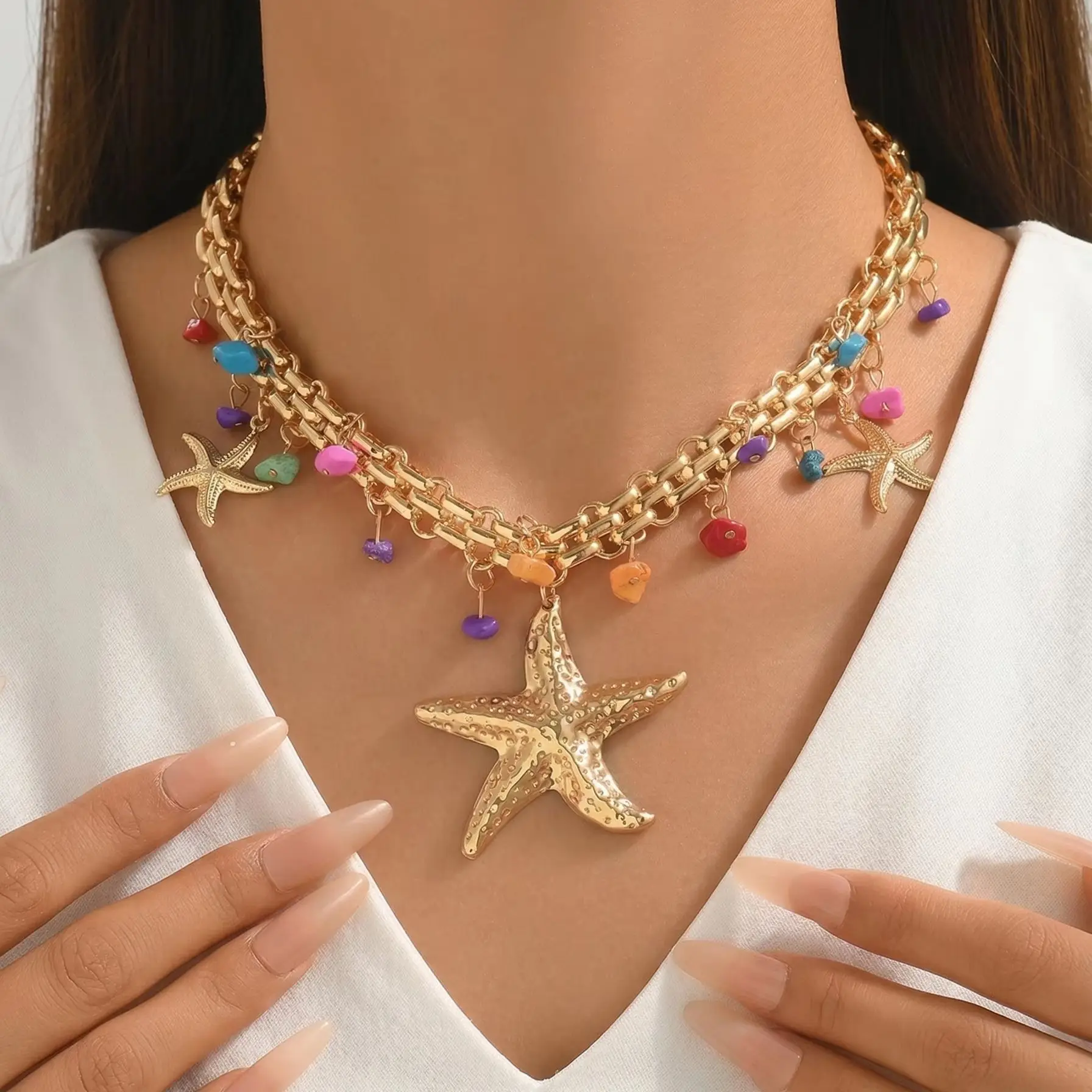 Boho Chunky Chain Choker Multicolor Stone Starfish Pendant Thick Gold Necklace Summer Beach Ocean Women Statement Neck Jewelry