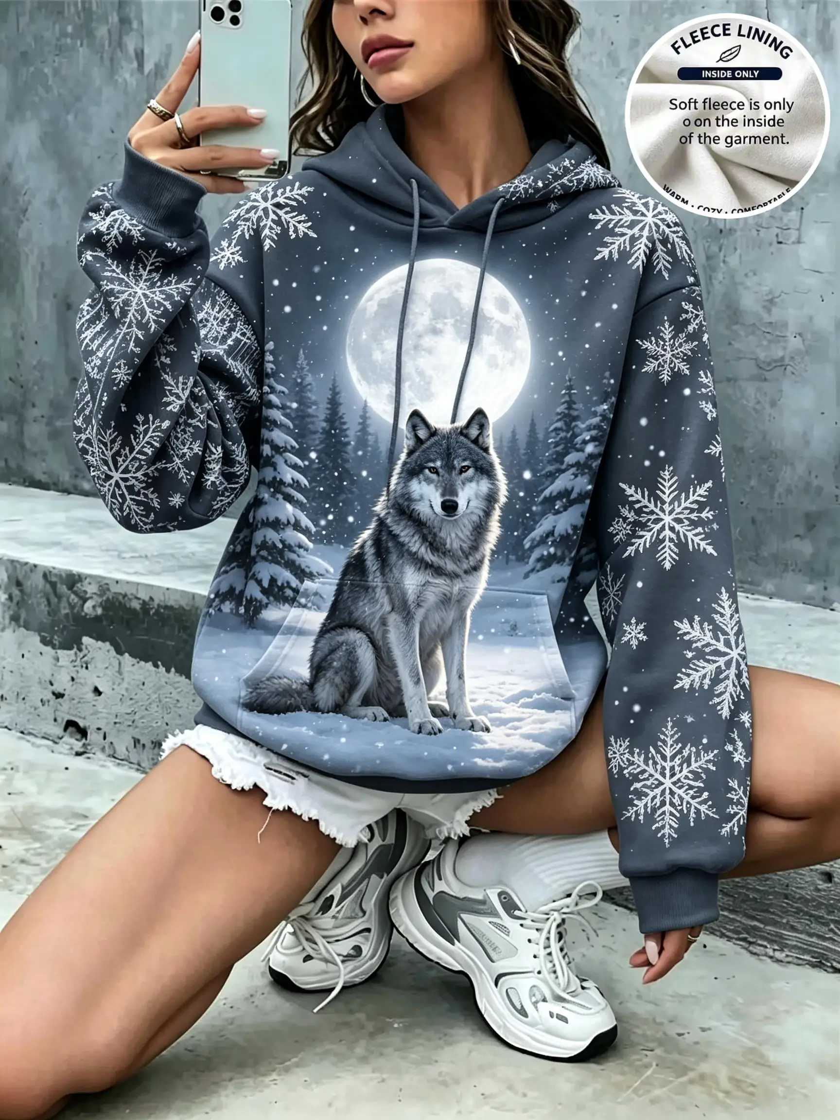 Women Christmas Wolf Full Moon Snow Pine Tree Snowflake Gray Fleece Hoodie Pocket Sweatshirt