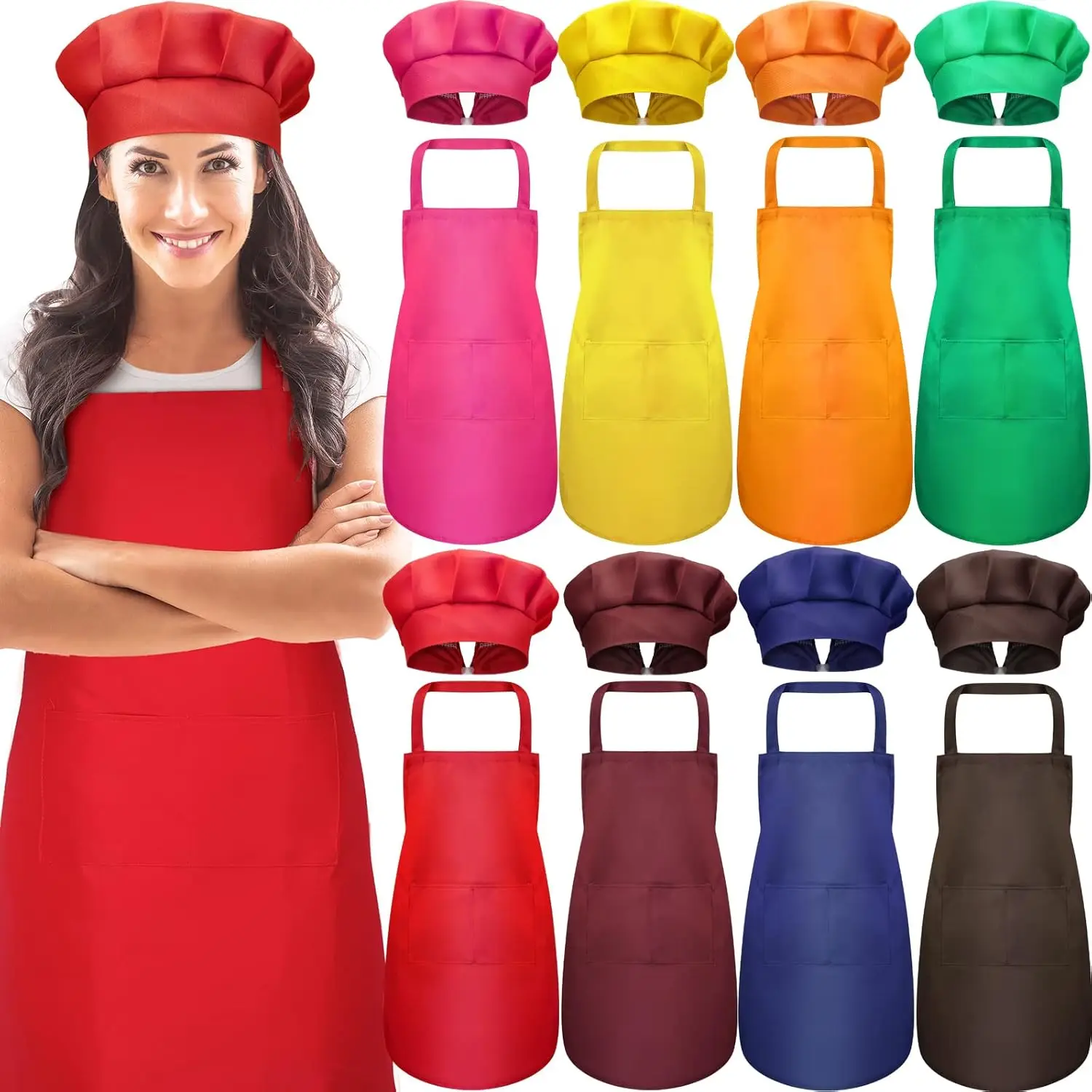 

8 Sets Apron Chef Hat Set Adjustable Chef Hat and Apron with Pockets Set for Adult Women Men CookR