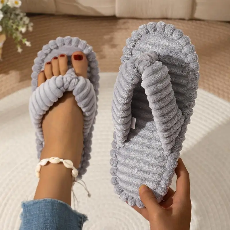 Bequeme Cord-Flip-Flops mit flachem Absatz für Damen, Winter 2026, flauschige Fell-Hausschuhe, Übergröße 45, warme Plüsch-Hausschuhe – Detail 4