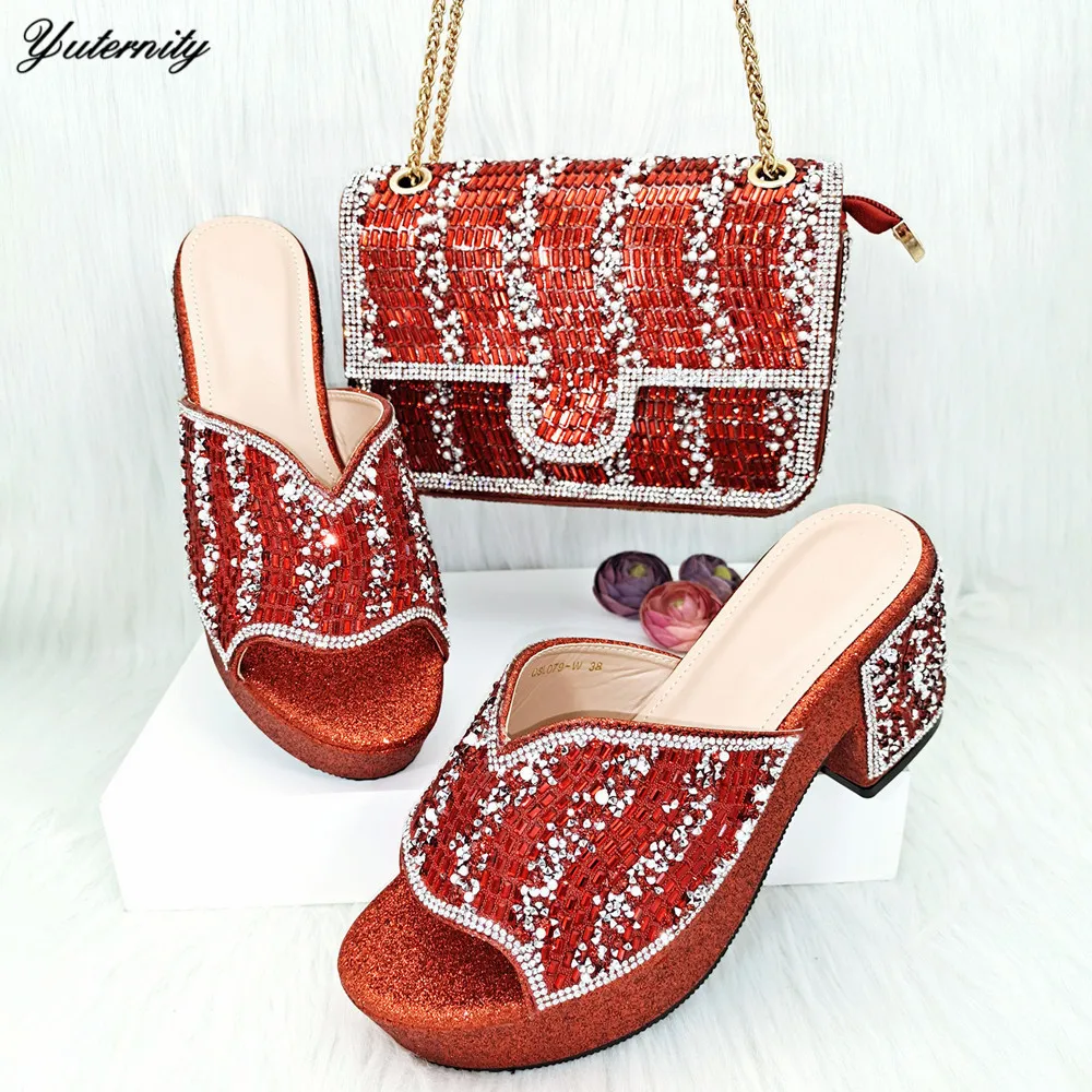 African Summer Rhinestone Shoes And Matching Bags Set Italian Woman High Heels Shoes And Bag Set for Party 8Colors On Sale