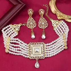 Sunspicems Gold Color Moroccan Beads Chain Choker Necklace Long Drop Earring For Women Arabic Bridal Jewelry Set Square Pendant