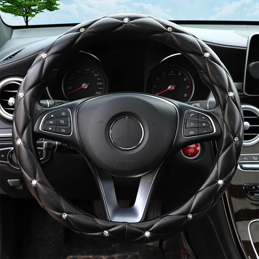 Mit Diamanten besetzte Stereo-Lenkradabdeckung aus weichem Leder mit Innenring, passend für 14,5–15 Zoll – Detail 4