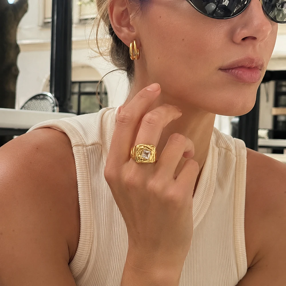 MamacitaSlay 316L Stainless Steel Irregular Molten Hammered Square Zircon Ring 18K Gold Plated Waterproof Jewelry For Women Gift
